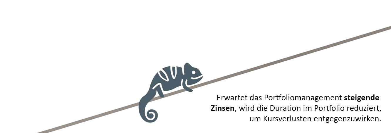 Eins stilisiertes Chamäleon klettert eine schiefe Ebene hinauf. Steigen die Zinsen, wird die Duration reduziert, um möglichen Verlusten entgegenzuwirken.